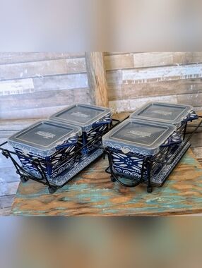 Temptations Two 2 Black Wire Baskets W Navy Design Containers W Lids